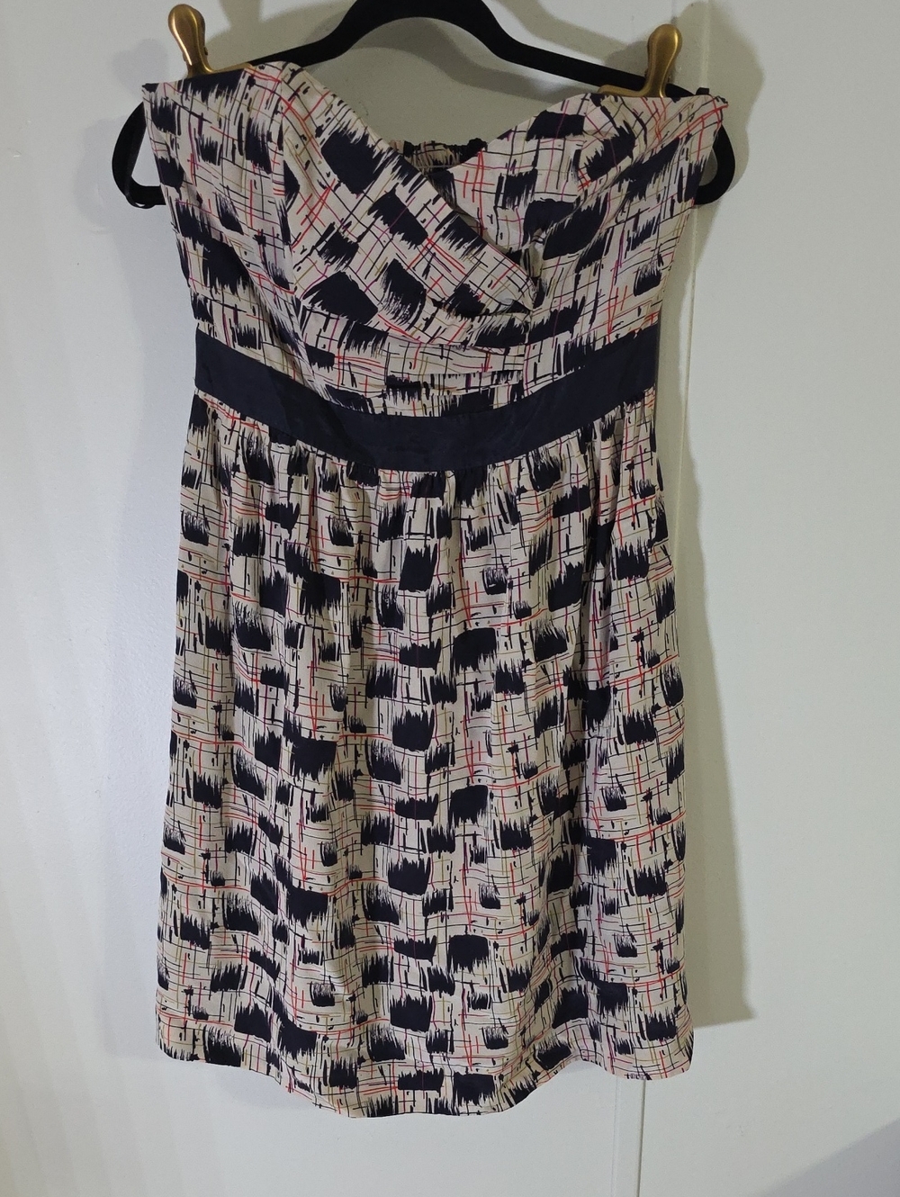 Anthropology Burlapp Strapless Cream Printed Dress with Navy Waistband